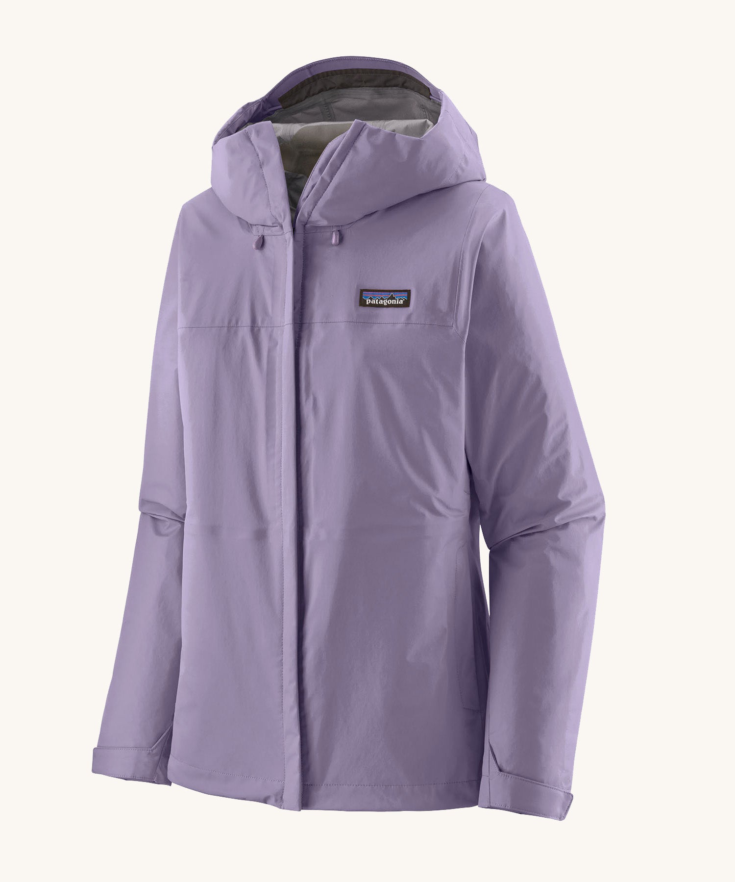 Patagonia hooded rain coat in pastel purple colour with a grey inner lining. Features a full length front zip and side pockets.