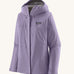 Patagonia hooded rain coat in pastel purple colour with a grey inner lining. Features a full length front zip and side pockets.