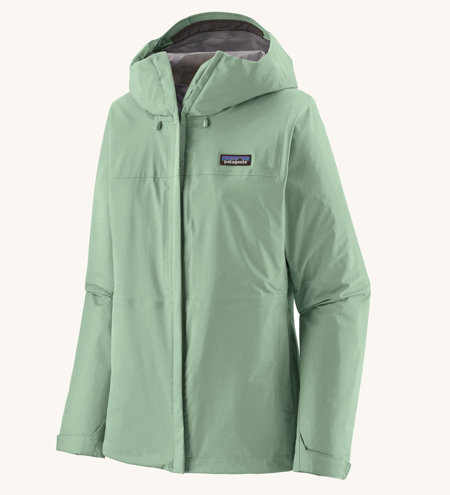 Patagonia hooded rain coat in pastel green colour with a grey inner lining. Features a full length front zip and side pockets.