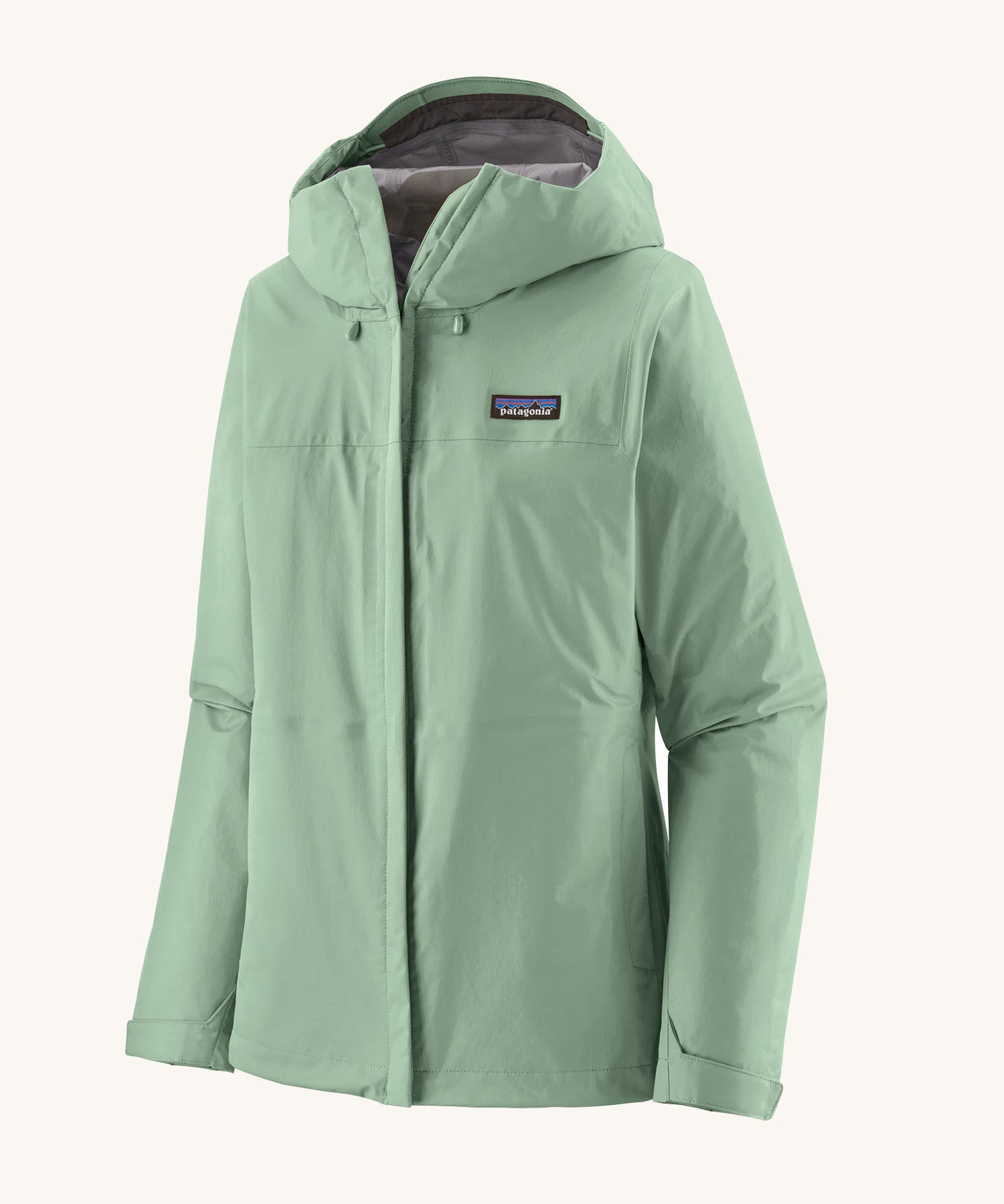 Patagonia hooded rain coat in pastel green colour with a grey inner lining. Features a full length front zip and side pockets.