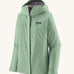 Patagonia hooded rain coat in pastel green colour with a grey inner lining. Features a full length front zip and side pockets.