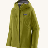 Patagonia hooded rain coat in green colour with a grey inner lining. Features a full length front zip and side pockets.