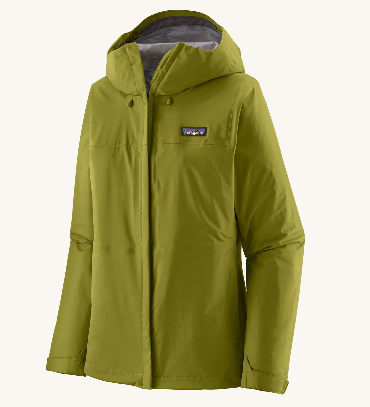Patagonia hooded rain coat in green colour with a grey inner lining. Features a full length front zip and side pockets.