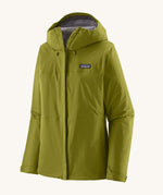 Patagonia hooded rain coat in green colour with a grey inner lining. Features a full length front zip and side pockets.