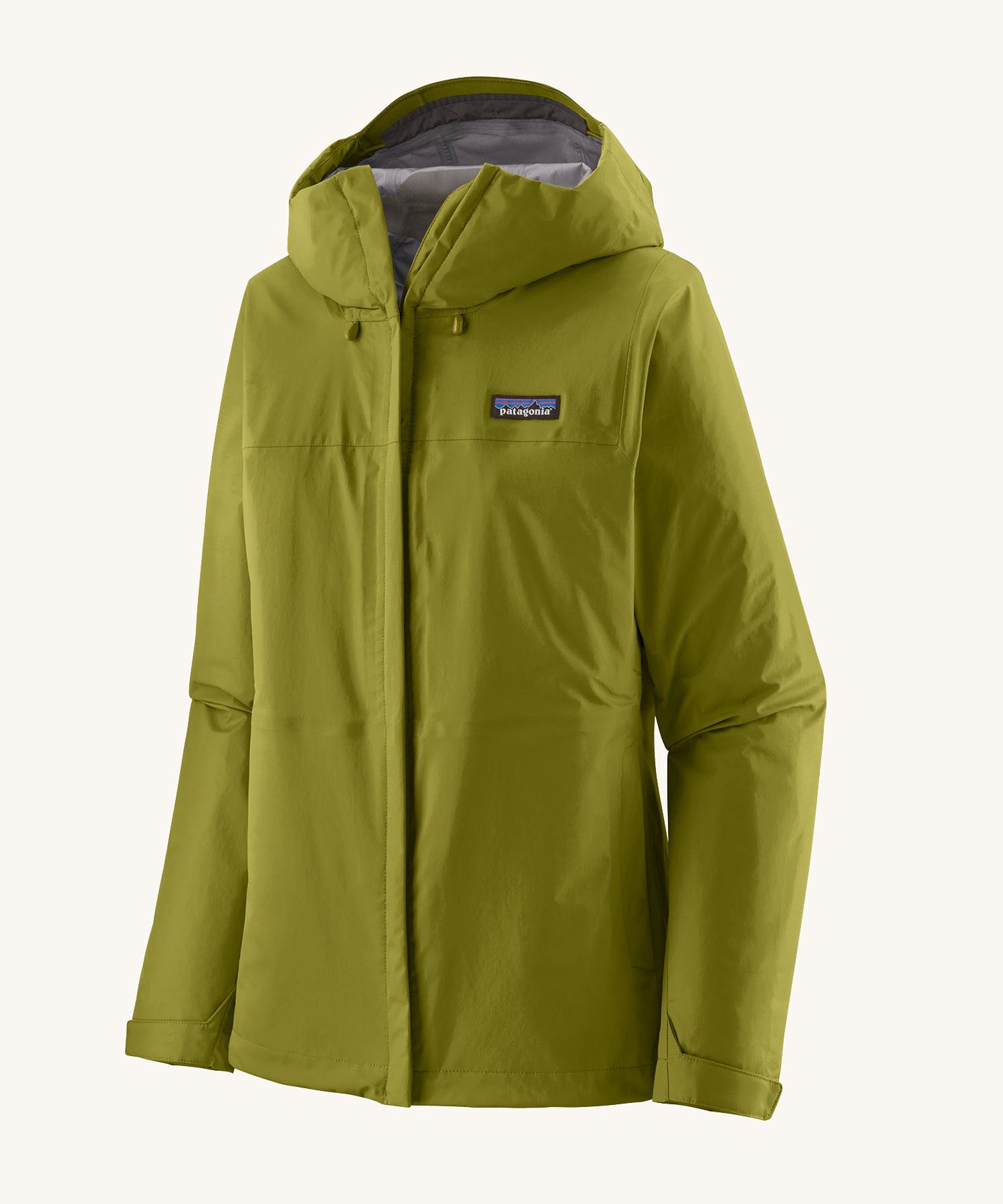 Patagonia hooded rain coat in green colour with a grey inner lining. Features a full length front zip and side pockets.