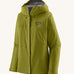 Patagonia hooded rain coat in green colour with a grey inner lining. Features a full length front zip and side pockets.