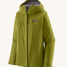 Patagonia hooded rain coat in green colour with a grey inner lining. Features a full length front zip and side pockets.