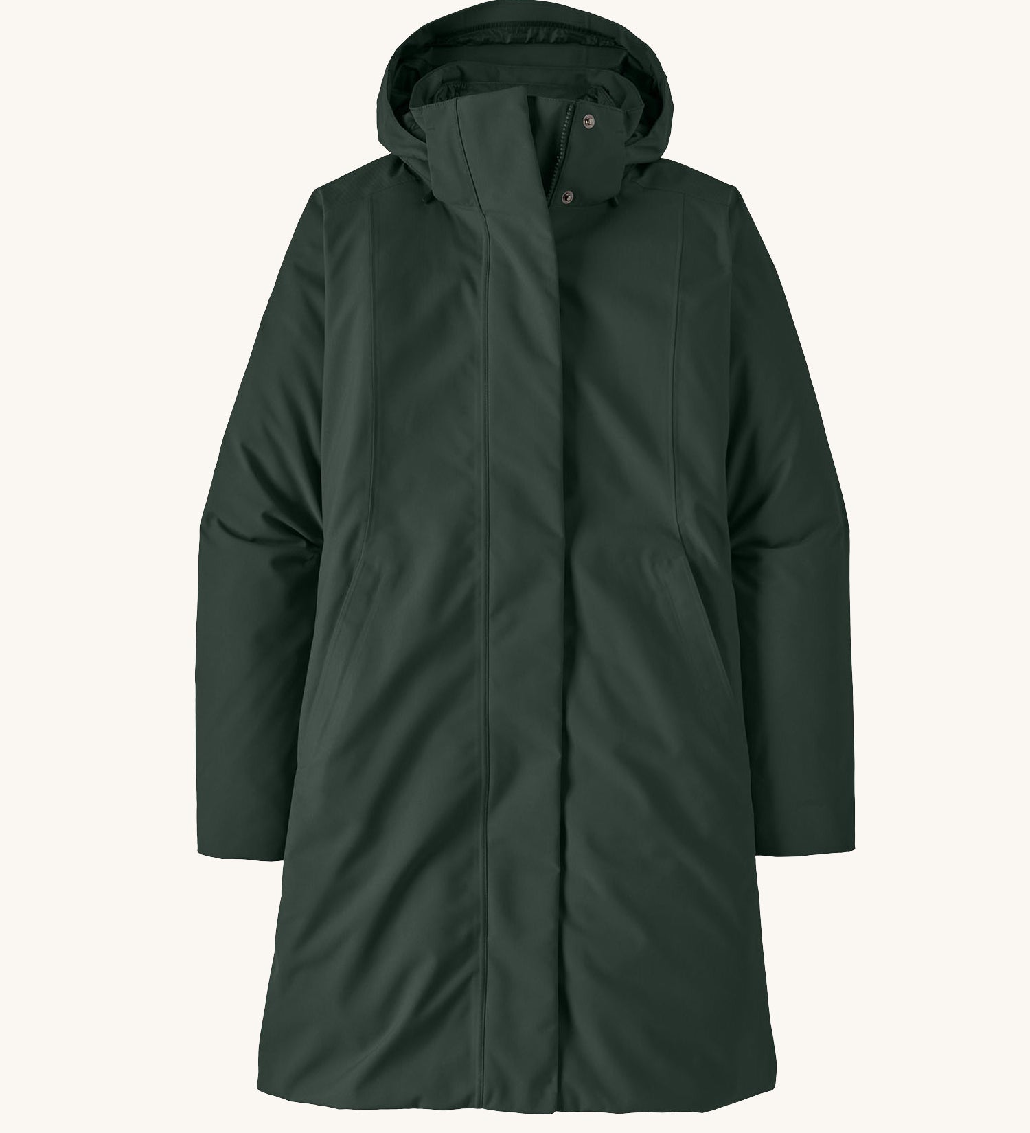 Patagonia women's hooded parka coat in dark green. Features a full length front zip and poppers and side pockets.