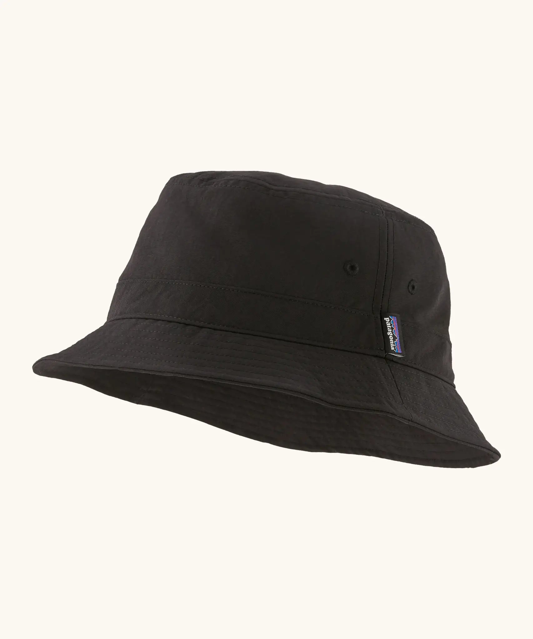 Patagonia 100% recycled nylon water repellent adult bucket hat in black with air holes on the side