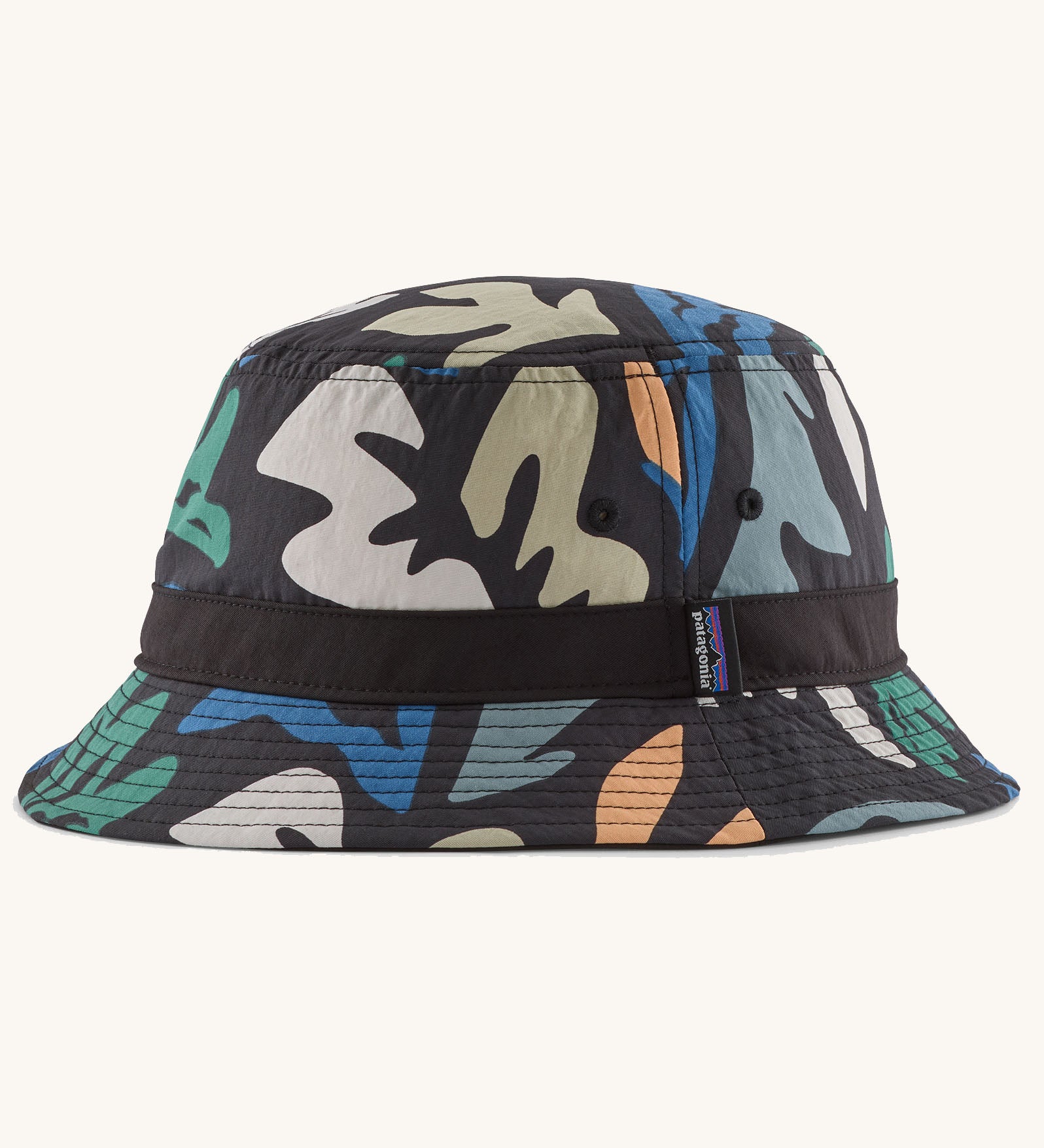 Patagonia 100% recycled nylon water repellent adult bucket hat in black with a repeating retro pattern design.