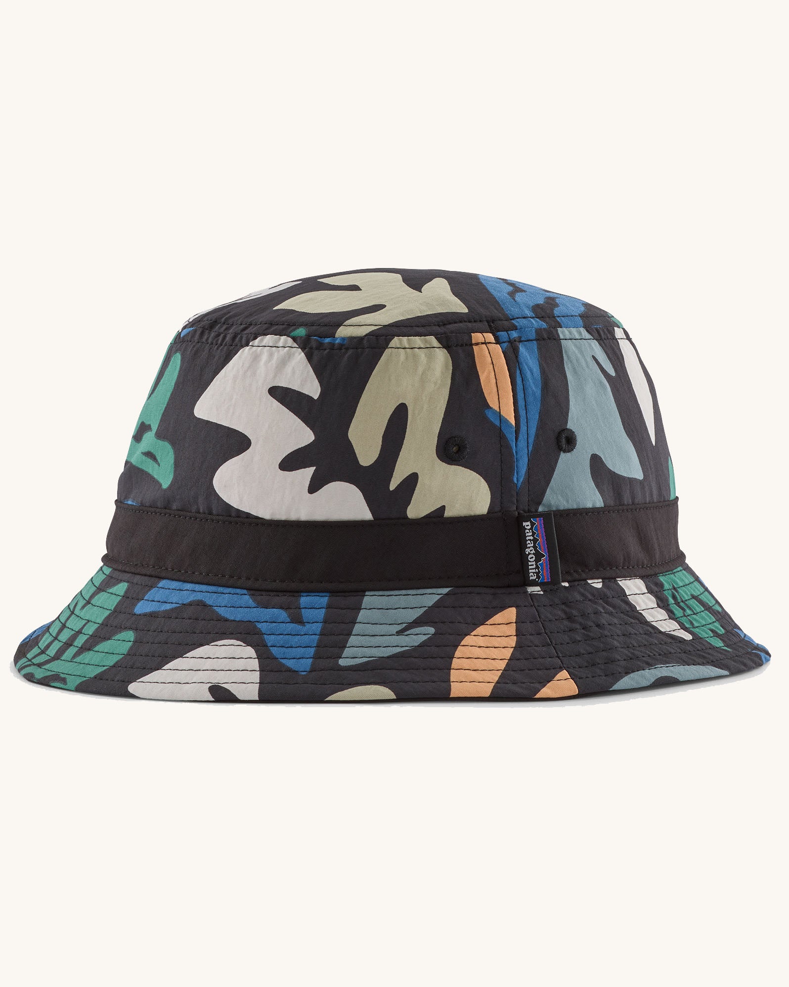 Patagonia 100% recycled nylon water repellent adult bucket hat in black with a repeating retro pattern design.