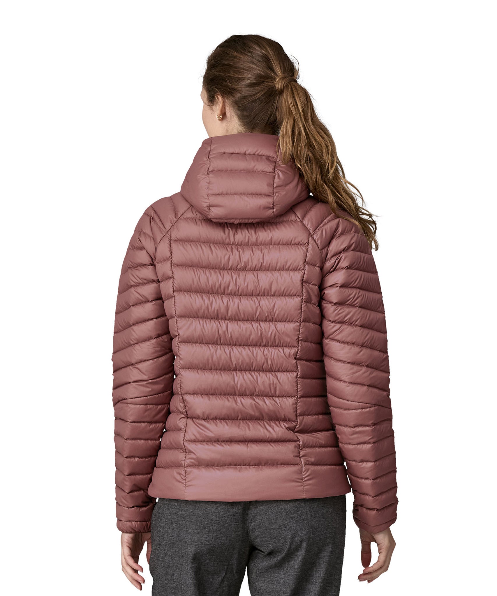 The back of the Patagonia Women's Down Sweater Hoody - Dulse Mauve, showing the hood