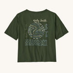 Patagonia Women's Easy Cut Organic T-Shirt - Pine Green. A dark green, organic cotton t-shirt with a lovely poem written on the back, and a circular pattern above it to represent earth