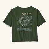 Patagonia Women's Easy Cut Organic T-Shirt - Pine Green. A dark green, organic cotton t-shirt with a lovely poem written on the back, and a circular pattern above it to represent earth