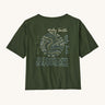 Patagonia Women's Easy Cut Organic T-Shirt - Pine Green. A dark green, organic cotton t-shirt with a lovely poem written on the back, and a circular pattern above it to represent earth