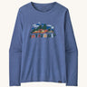Front view of the Patagonia Women’s Long Sleeved Capilene Cool Daily Graphic Shirt in Fitz Roy Foliage Current Blue X-Dye, showing the mountain scene graphic and Patagonia logo on the chest.