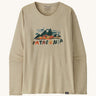 Front view of the Patagonia Women’s Long Sleeved Capilene Cool Daily Graphic Shirt in Fitz Roy Foliage Pumice X-Dye, showing the mountain scene graphic and Patagonia logo on the chest.