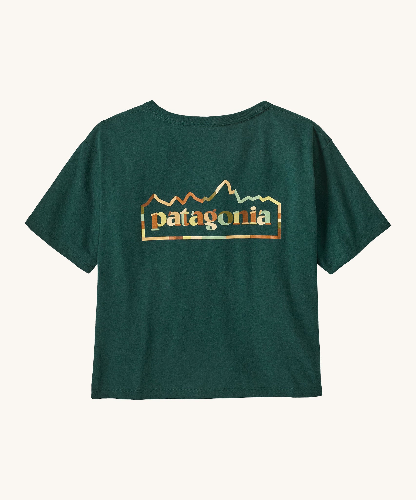 Patagonia women's unity Fitz roy responsibili tshirt. A green, short sleeved and boxy top with the brand logo printed on the front. 