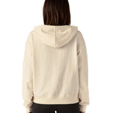 Back of woman wearing Patagonia's women's Anhya hoody with the hood down