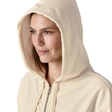 Close up of Woman wearing Patagonia's women's Anhya hoody Showing hood covering the whole head