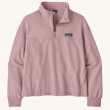 Patagonia women's Ahnya pullover sweater in pale purple. Shows a 1/4 length zip and side pockets