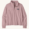 Patagonia women's Ahnya pullover sweater in pale purple. Shows a 1/4 length zip and side pockets