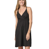 Front of woman wearing Patagonia's amber dawn organic cotton sleeveless dress in black.