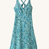 Patagonia women's amber dawn organic cotton dress in blue with repeating abstract design. Shows front low v neck  