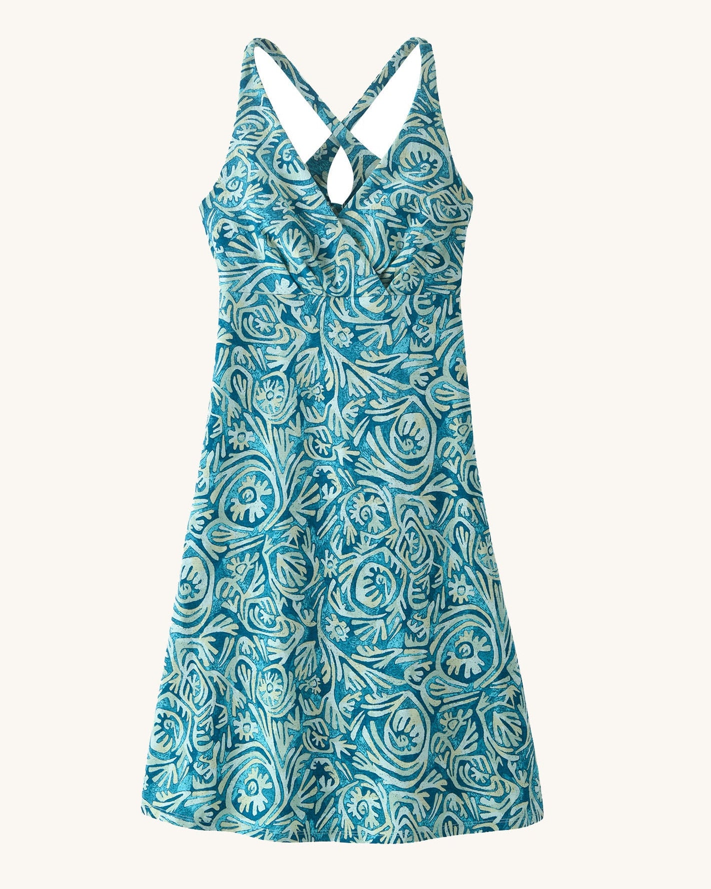 Patagonia women's amber dawn organic cotton dress in blue with repeating abstract design. Shows front low v neck  