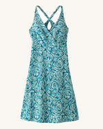 Patagonia women's amber dawn organic cotton dress in blue with repeating abstract design. Shows front low v neck  