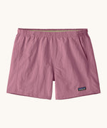 Patagonia quick drying women's baggies shorts in light purple. Shows 2 front pockets