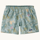 Patagonia quick drying women's baggies shorts in blue with repeating abstract design. Shows 2 front pockets