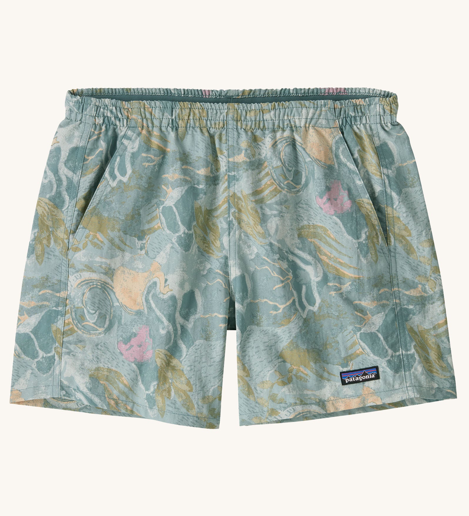 Patagonia quick drying women's baggies shorts in blue with repeating abstract design. Shows 2 front pockets