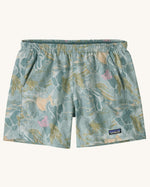 Patagonia quick drying women's baggies shorts in blue with repeating abstract design. Shows 2 front pockets