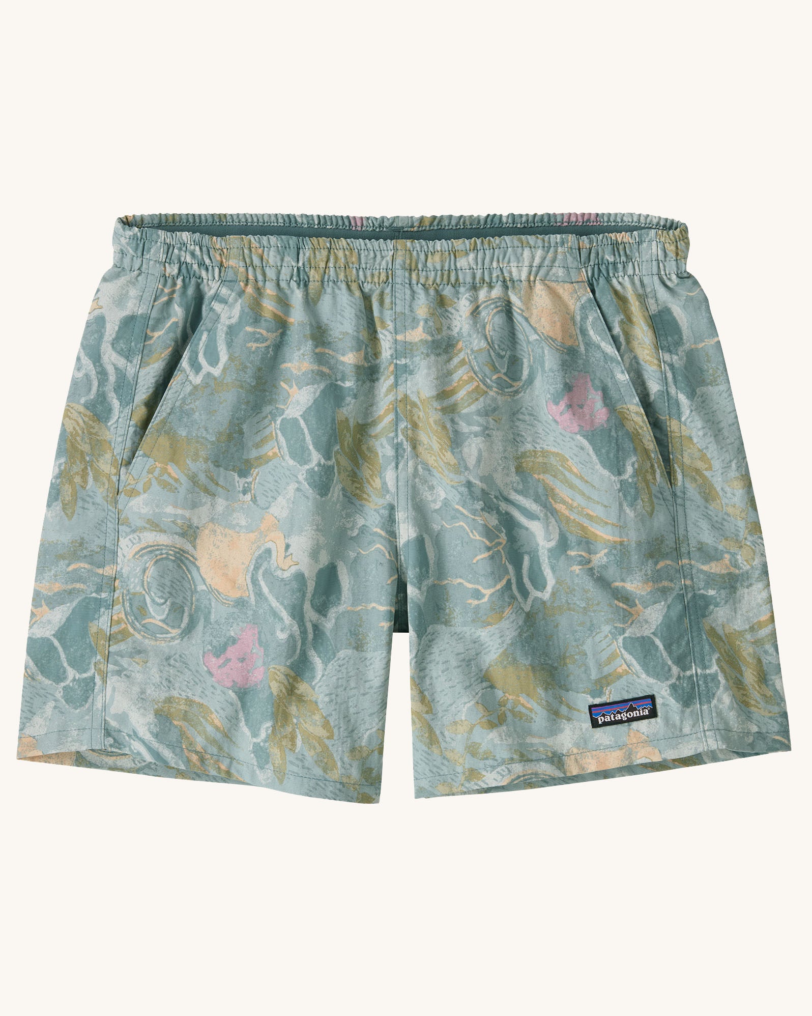 Patagonia quick drying women's baggies shorts in blue with repeating abstract design. Shows 2 front pockets