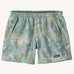 Patagonia quick drying women's baggies shorts in blue with repeating abstract design. Shows 2 front pockets