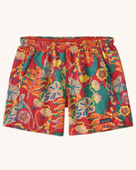 Patagonia quick drying women's baggies shorts in red with repeating abstract tropical pattern. Showing 2 front pockets