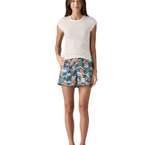 Woman Patagonia quick drying baggies shorts in blue with a repeating abstract design. Shorts have a relaxed fit