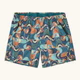 Patagonia quick drying women's baggies shorts in blue with a repeating abstract design. Shows 2 front pockets and elasticated waistband