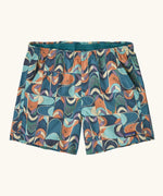 Patagonia quick drying women's baggies shorts in blue with a repeating abstract design. Shows 2 front pockets and elasticated waistband