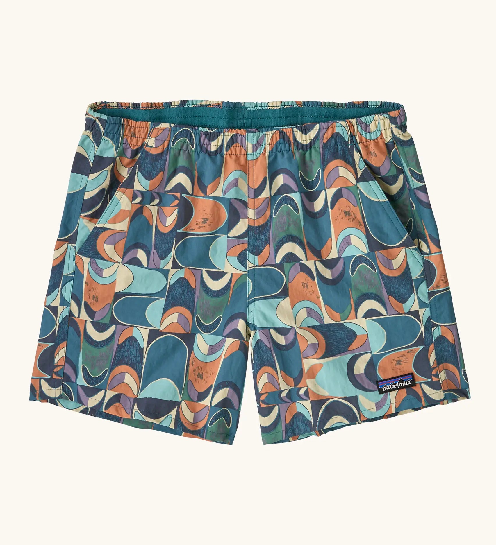 Patagonia quick drying women's baggies shorts in blue with a repeating abstract design. Shows 2 front pockets and elasticated waistband