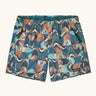 Patagonia quick drying women's baggies shorts in blue with a repeating abstract design. Shows 2 front pockets and elasticated waistband