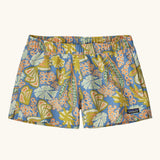 Patagonia quick drying women's barely baggies shorts in blue with a repeating abstract floral design. Shows 2 side pockets and elasticated waist band