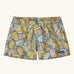 Patagonia quick drying women's barely baggies shorts in blue with a repeating abstract floral design. Shows 2 side pockets and elasticated waist band
