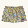 Patagonia quick drying women's barely baggies shorts in blue with a repeating abstract floral design. Shows 2 side pockets and elasticated waist band