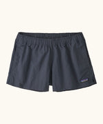 Patagonia quick drying women's barely baggies shorts in navy blue. Shows 2 side pockets and elasticated waist band