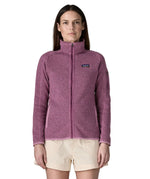 Woman wearing Patagonia's women's better sweater jacket in purple. Jacket has a regular fit and sits at the hips.