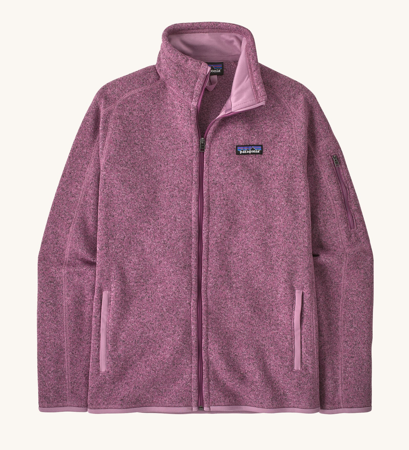 Patagonia women's recycled polyester better sweater jacket in light purple. Showing a full length front zip and side pockets