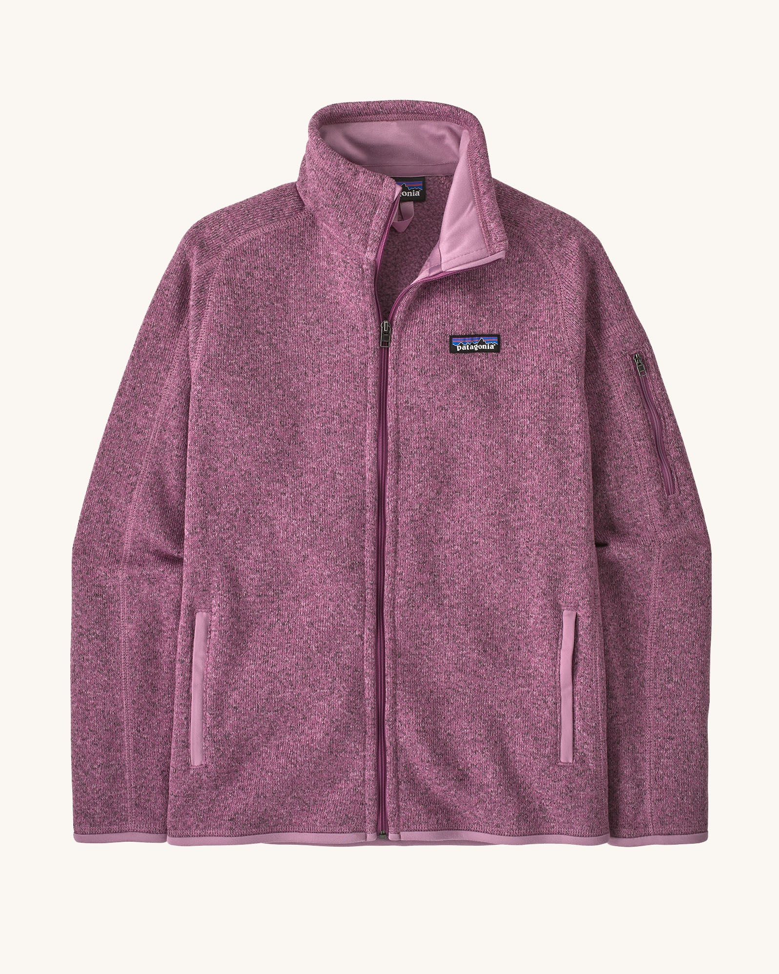 Patagonia women's recycled polyester better sweater jacket in light purple. Showing a full length front zip and side pockets