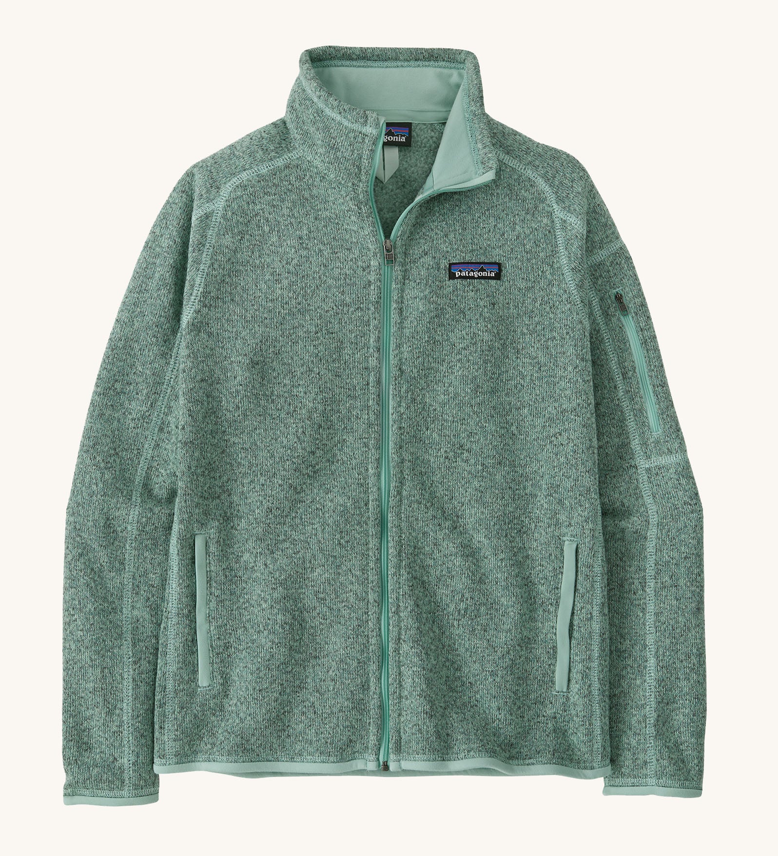 Patagonia women's recycled polyester better sweater jacket in mint green. Showing a full length front zip and side pockets